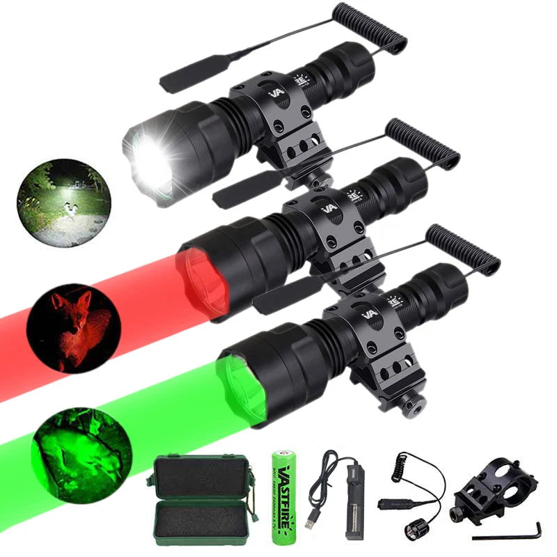 LED Flashlight Hunting Green/Red/White Light Torch Professional Tactical Night Scout Light Set Fish Light USB Rechargeable Torch