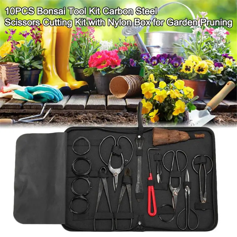 Bonsai Tool Set Carbon Steel Multifunctional Scissors Kit Garden Pruning Trim Tools Nylon Case Bonsai Styling Tools 10Pcs