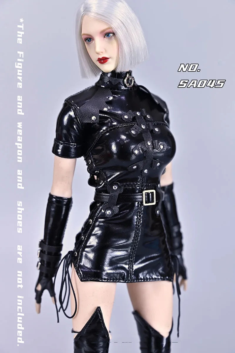 Sa045 1/6 Women Soldier Skirt Motorcycle Suit Goth Leather Vintage Women Skirt Black Lace-Up Dress For 12" Action Figure Body