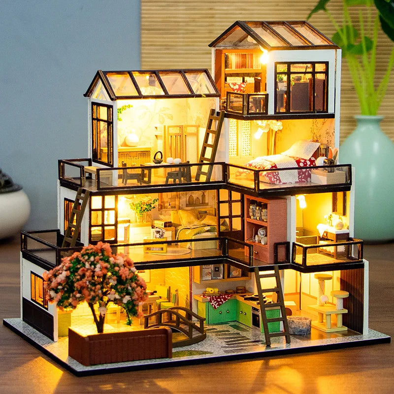 DIY Wooden Doll Houses Dream Town Casa Miniature Building Kit Villa Dollhouse with Furniture Led Lights for Girls Birthday Gifts