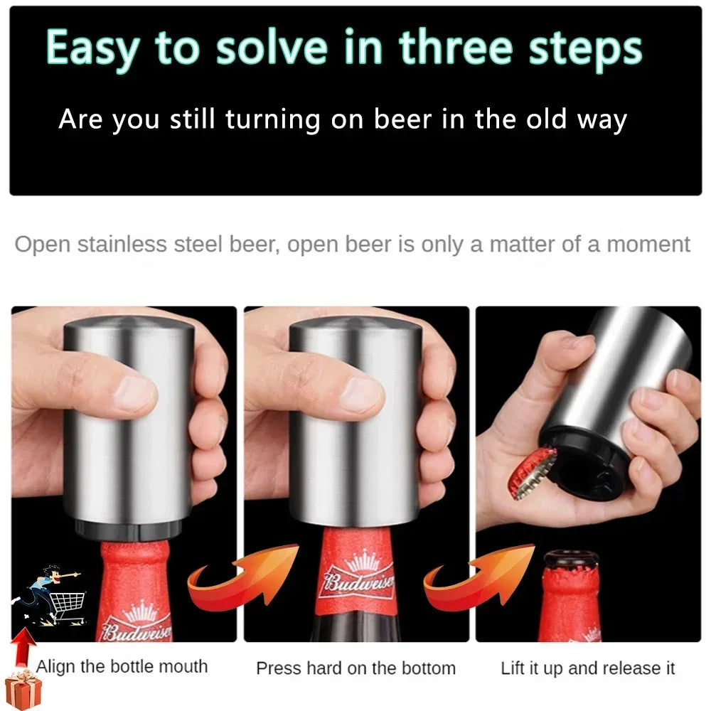 Top Press Bottle Beer Opener Press Automatic No Trace Soda Wine Bottle Opener Stainless Magnet Beer Opener Kitchen Tool