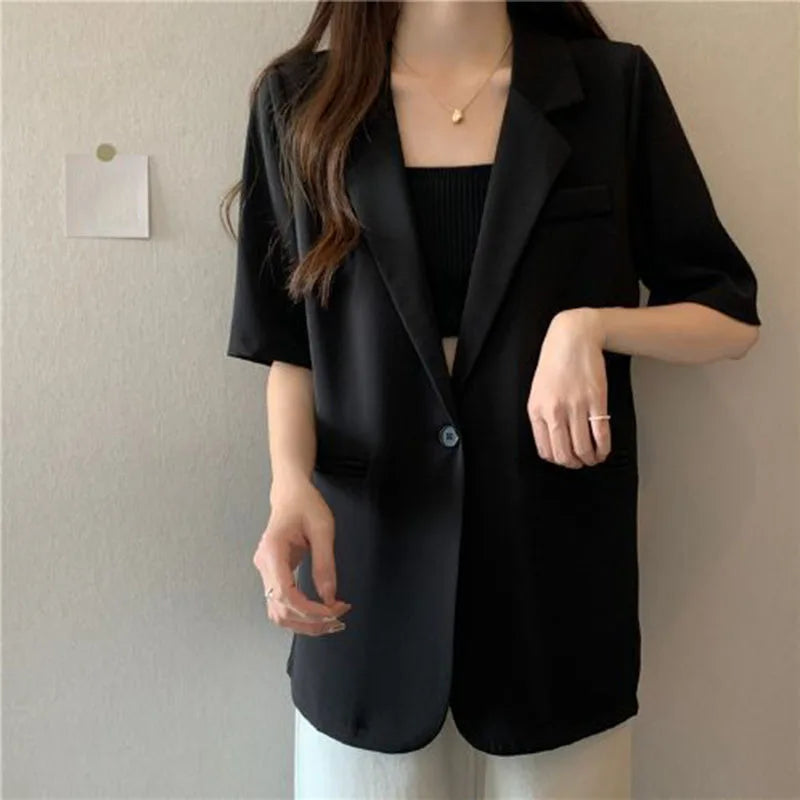 Thin Suit Jacket Women 2024 Summer Casual All Match Single Button Coat Woman Korean Style Loose Balck White Short Sleeve Jackets