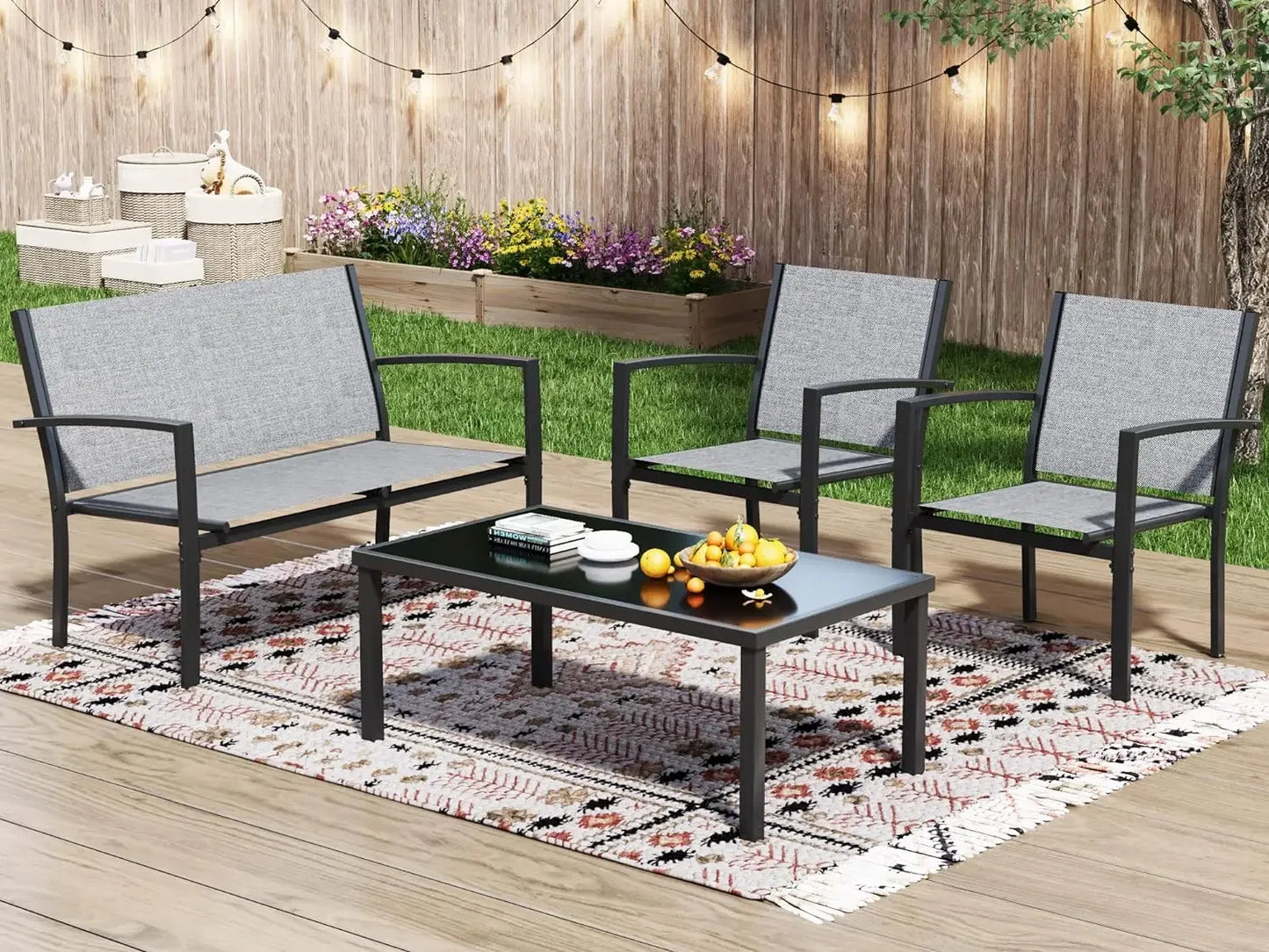 4 Pieces Patio Furniture Set, Outdoor Conversation Sets for Patio, Lawn, Garden, Poolside with A Glass Coffee Table, Black