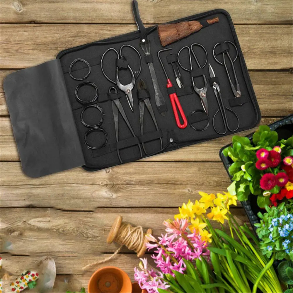 Bonsai Tool Set Carbon Steel Multifunctional Scissors Kit Garden Pruning Trim Tools Nylon Case Bonsai Styling Tools 10Pcs