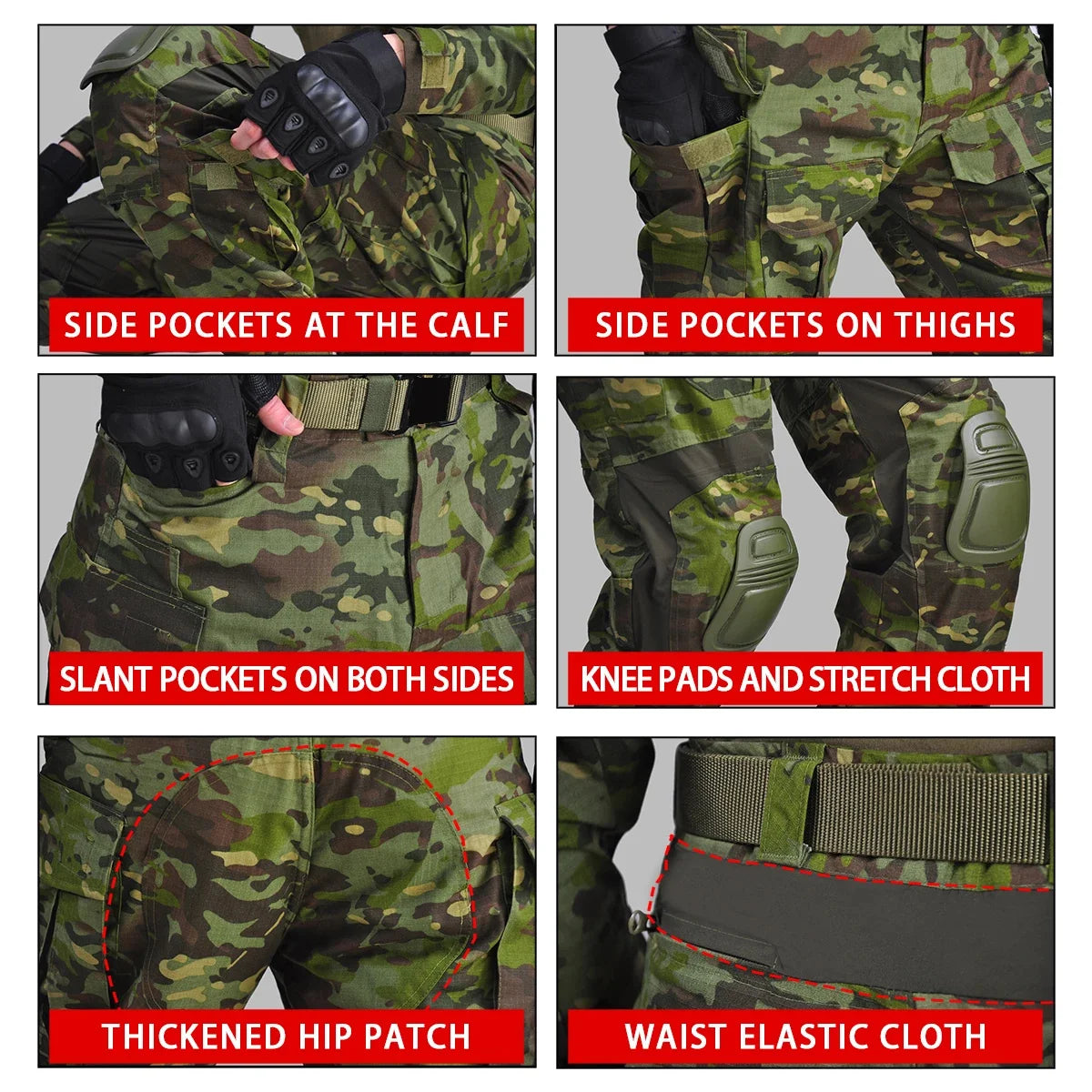 G3 Combat Pants with Pads Elastic Military Pant Tactical Gear Army Camo Outdoor Tactic Airsoft Cargo Casual Work Trouser