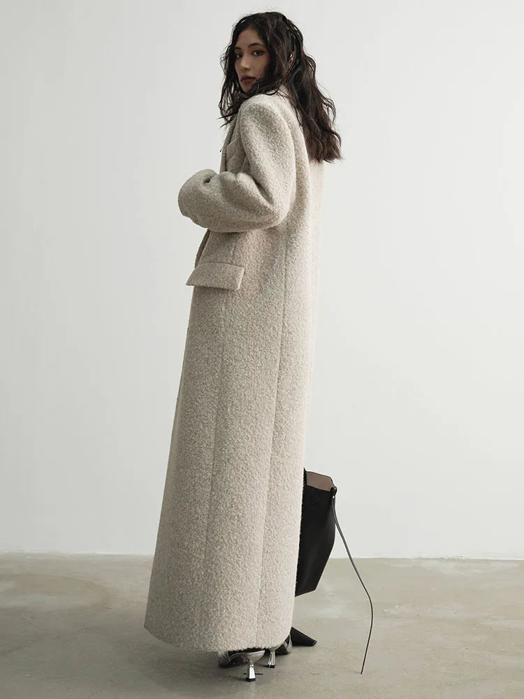 [EAM] 30% Wool X-Long Big Size Warm Woolen Coat New Lapel Long Sleeve Women Jacket Fashion Tide Autumn Winter 2024 1DH4053