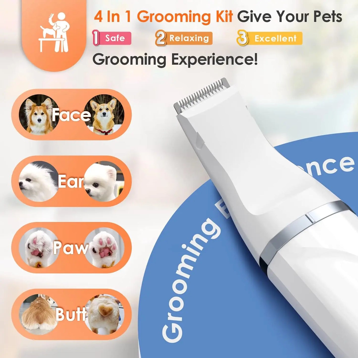 4 in 1 Pet Grooming Kit,Quiet Cordless Dog Clippers,Low-Noise Paw Trimmer,Cat Shaver&Nail Grinder,Ideal for Dogs,Cats Other Pets