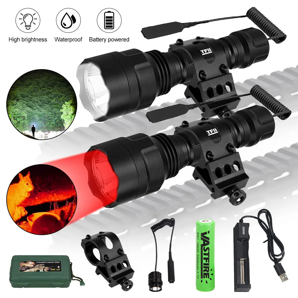 LED Flashlight Hunting Green/Red/White Light Torch Professional Tactical Night Scout Light Set Fish Light USB Rechargeable Torch