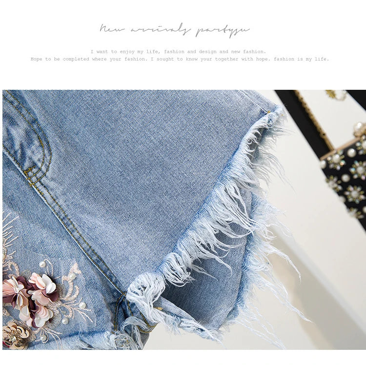 Fashion Cotton T-Shirt Tops + Short Jeans 2 Pieces Sets 2024 New Summer Women's Denim Pants Outfits 3D Flowers Beading Suits