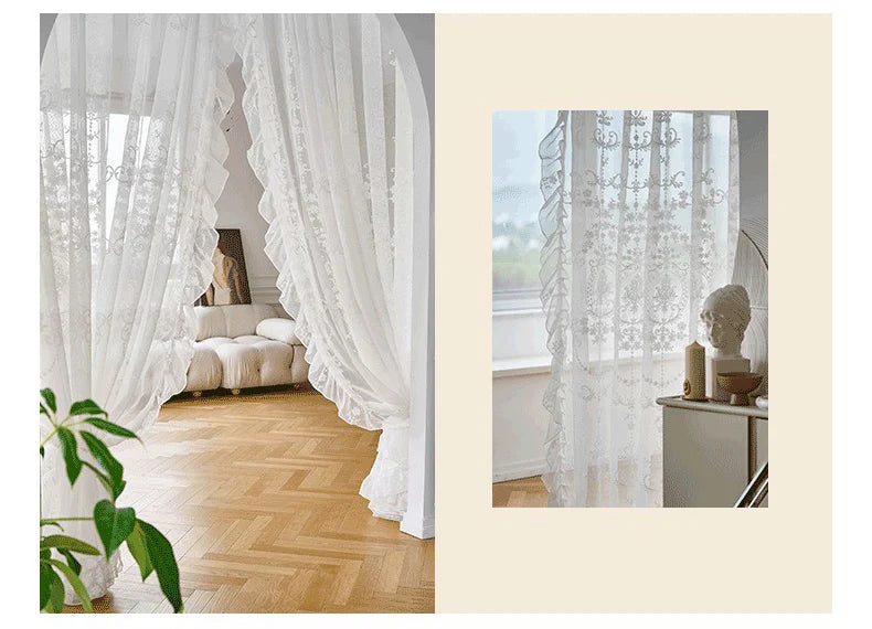 White Linen Sheer Embroidered Tulle Curtain for Girl Princess Bedroom French Romantic Ruffled Lace Voile Window Decoration Drape