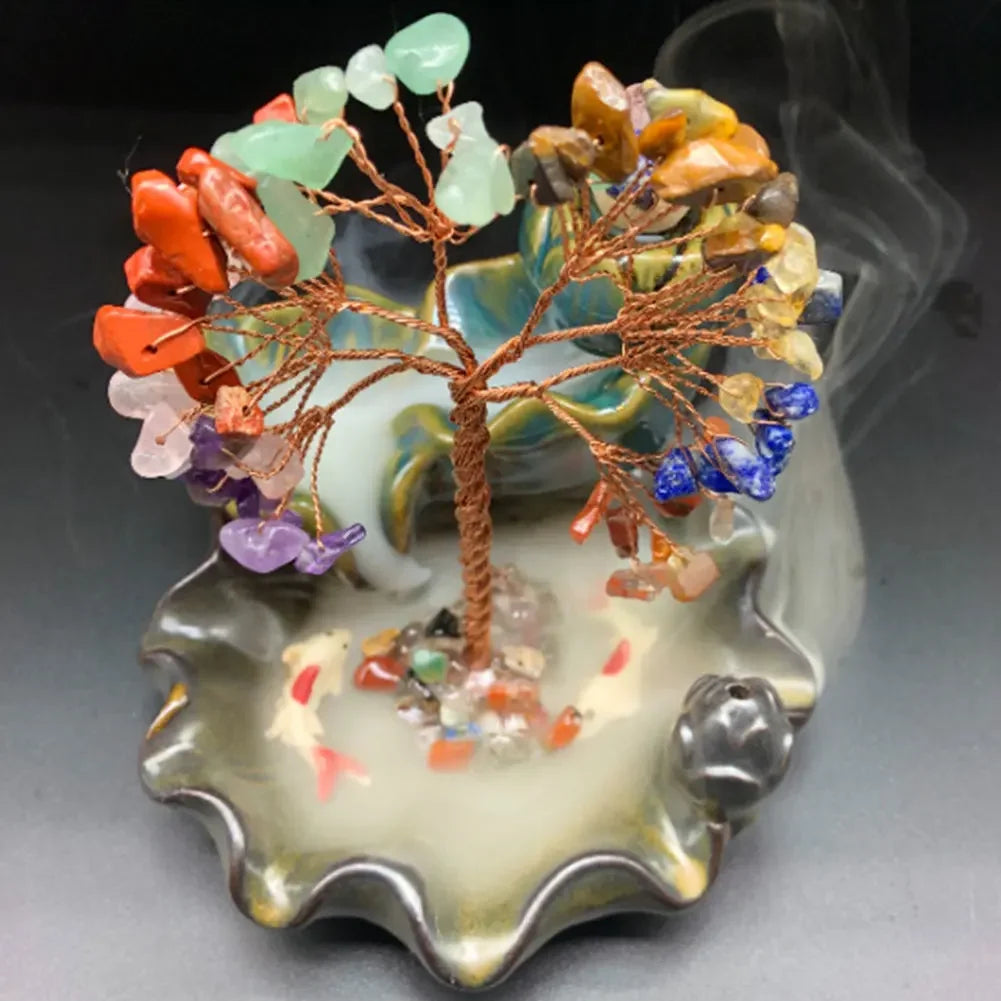 7 Chakra Tree Ceramic Incense Home Decor Healing Crystal Stone Money Tree Incense Burner House Warming Gift for Wealth Good Luck