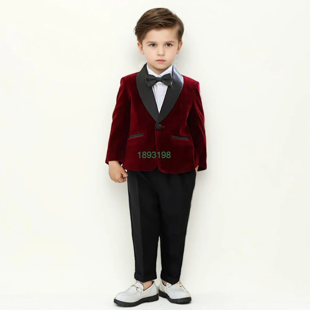 Boys Formal Velvet Suit Set Child Birthday Dress Wedding Party Photography Piano Recital Costume Kids Blazer Pants Bowtie Outfit