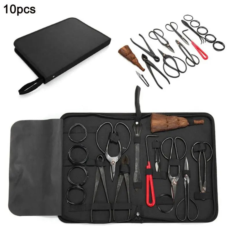 Bonsai Tool Set Carbon Steel Multifunctional Scissors Kit Garden Pruning Trim Tools Nylon Case Bonsai Styling Tools 10Pcs