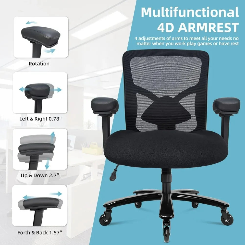 Big Tall Office Chair, Wide Thick Seat Cushion, Adjustable Lumbar Support, Metal Base, Rubber Wheels, 4D Armrests, Office Chair