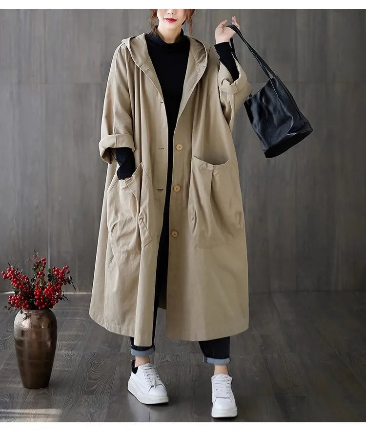 New 2024 Ladies Hooded Trench Coats Solid Loose Single-breasted Long Jacket for Daily Wear Women Windbreaker Casual Outerwear