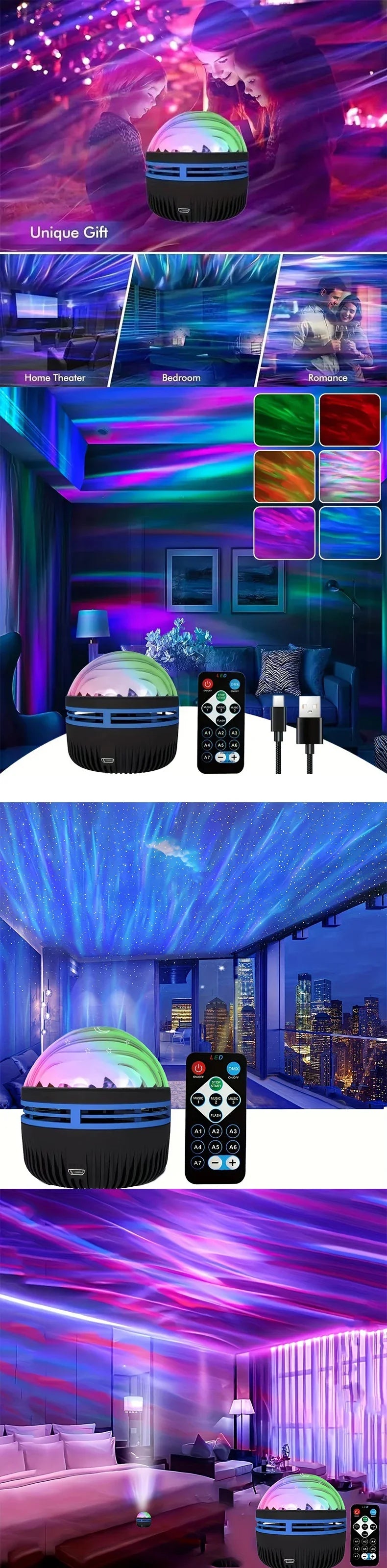 Star Projector Aurora LED USB Night Lights 360°Rotating Lighting Remote Control Ocean Wave Northern Light for Bedroom Party KTV