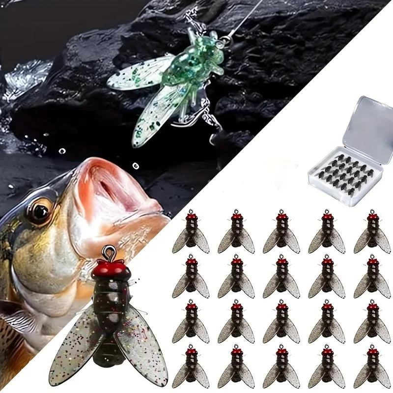 20PCS/Box Bionic Fly Fishing Bait Realistic Soft Fly Hook Soft Bait with Hook Add Fish Attractant Fishing Gear For Salmon, Trout