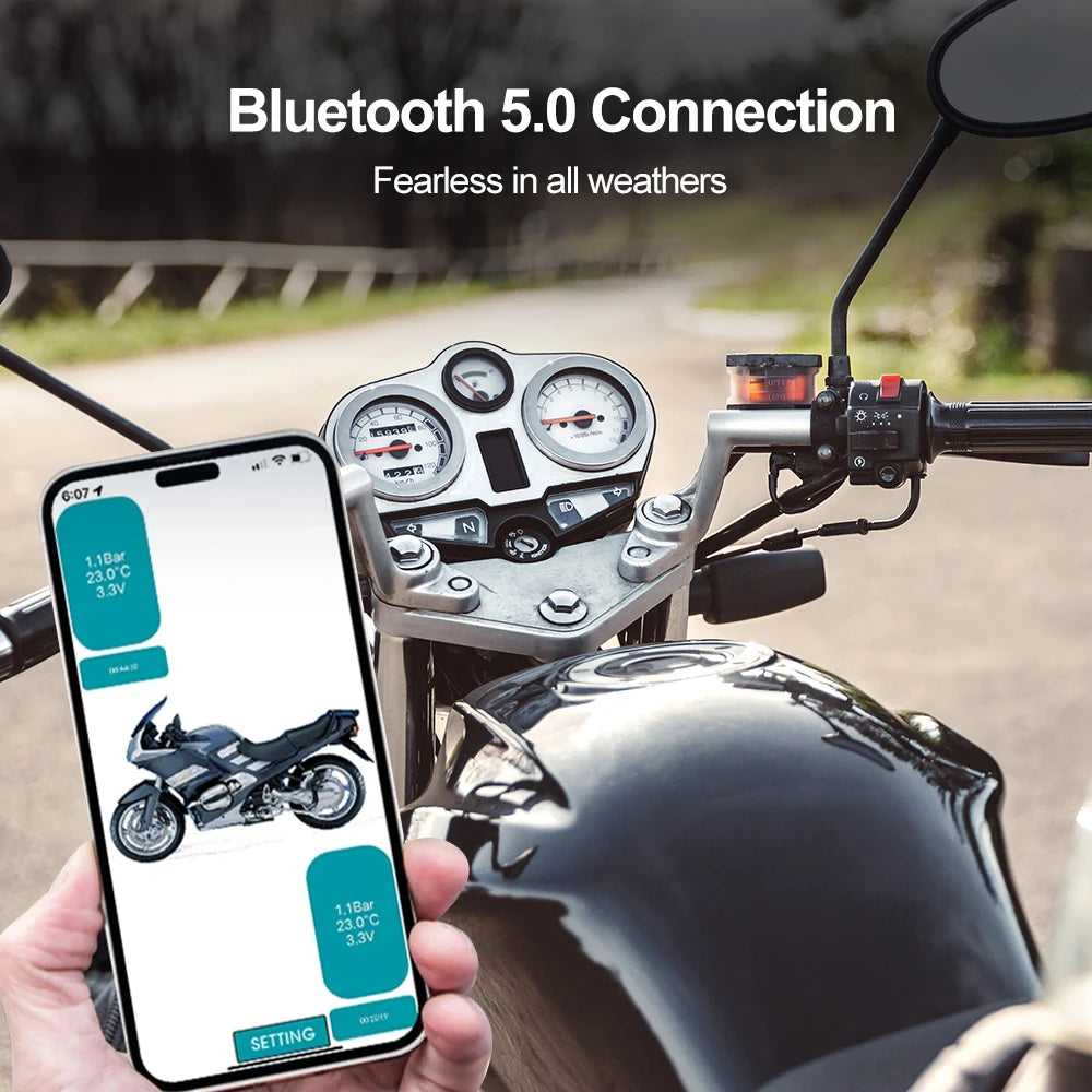 Motorcycle Tire Pressure Sensors TPMS Monitoring System with 2 External Sensor for Motor Bluetooth-Compatible Android/IOS