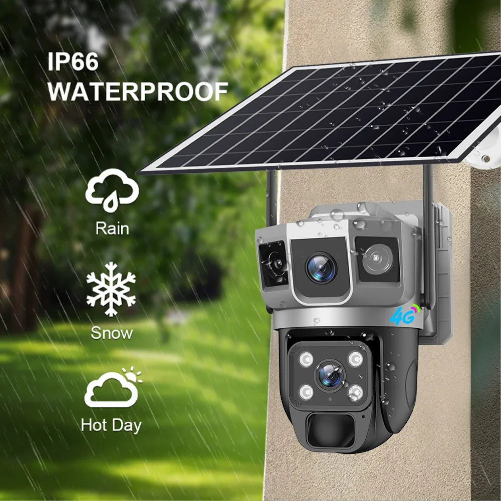 12MP Dual Lens Solar IP Camera Three Screen 4G 6K Camera 10X Zoom CCTV Outdoor PIR Night Vision Waterproof Home Surveillance Cam