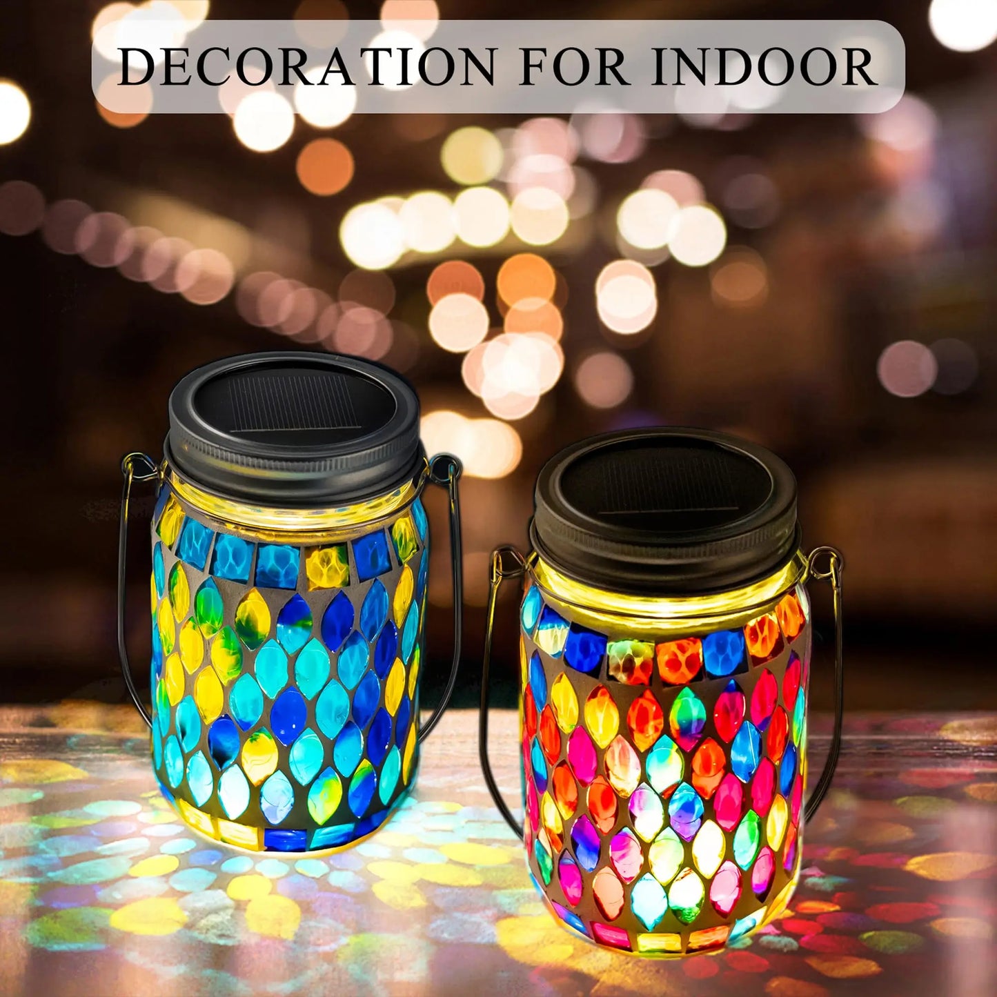 Solar Mosaic Lantern Hanging Mason Jar Glass Lights Outdoor Waterproof Table Lamp Decoration for Garden Patio Party Yard Balcony