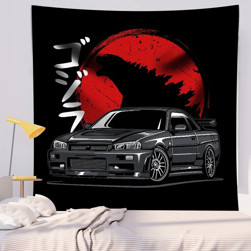 Jdm Car Japanese Racing Game Neon Sport Skyline  Sunset Tapestry Wall  Decorative  Bedroom