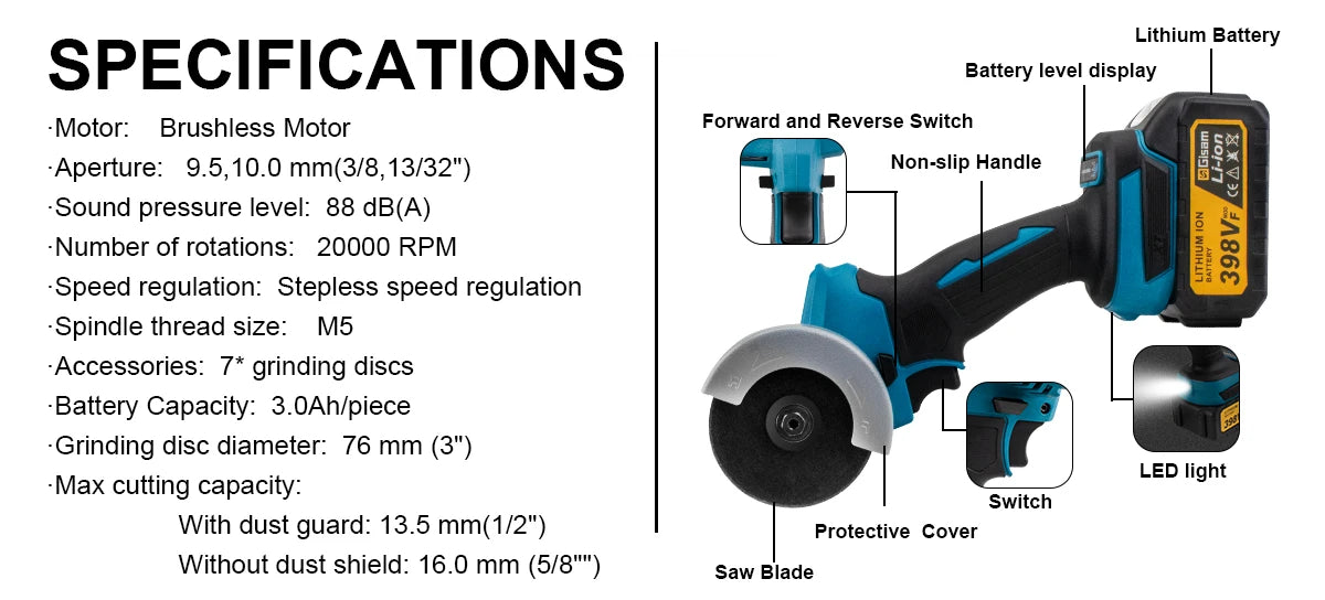 Gisam 76mm Brushless Angle Grinder Grinding Cutting Machine Circle Saw Electric Angle Grinder Power Tools for Makita 18V Battery