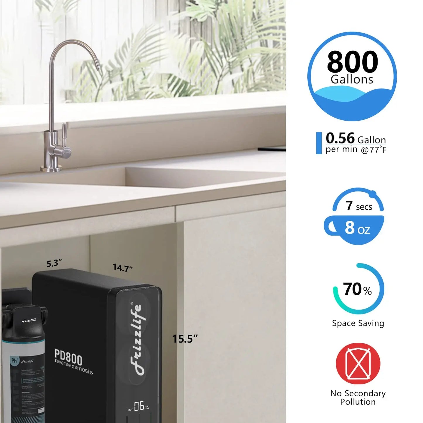 RO Reverse Osmosis Water Filtration System - 800 GPD Fast Flow Under Sink RO Filter Tankless Reduces TDS Compact