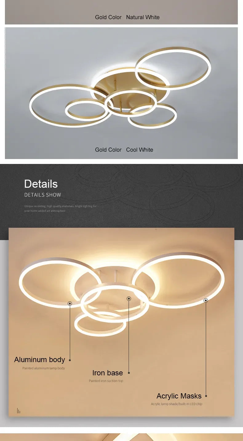 2023 Modern Led Circle Rings Ceiling Lights For living Room Bedroom Study Room Ceiling Lamp White/Brown/Black/Gold Color 90-260V