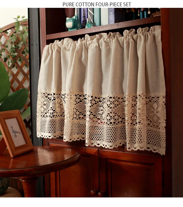 Handmade Cotton Linen Kitchen Short Curtains Crochet Lace Hollow Tassel Beige Valance Curtains Cafe Kitchen Door Window Drapes