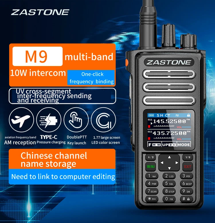 ZASTONE M9 10W Walkie Talkie Ham Amateur 2 Way Radio AM Air Aviation Band High Power Walkie-Talkie CTCSS FM Radio