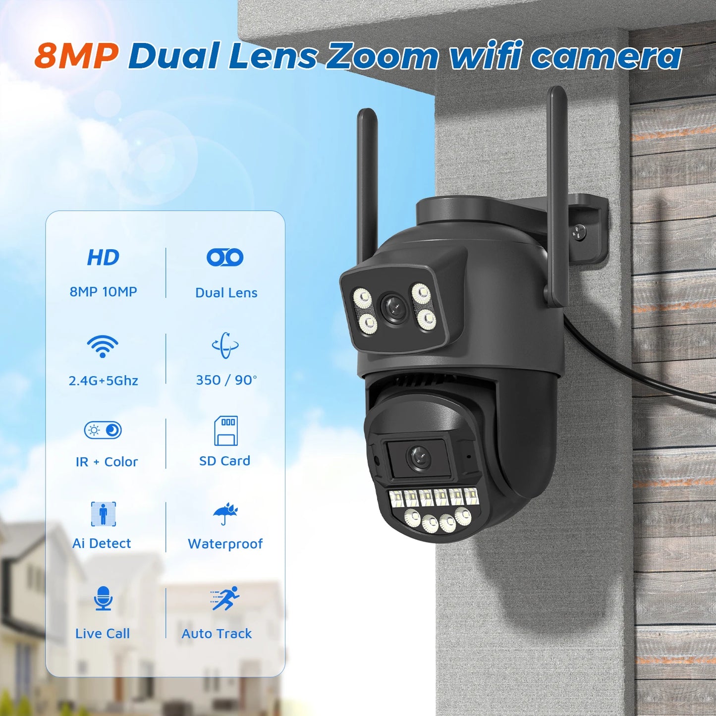 10MP 5K Wifi Surveillance Camera Outdoor 5X Digital Zoom PTZ IP Camera Dual Lens Dual Screens 2.4G/5G Auto Tracking Security CAM