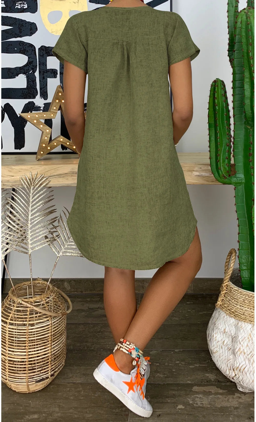 Plus Size 4XL 5XL Women Short Sleeve Dress Casual Loose V Neck Cotton Linen Mini Dress 2024 Summer Beach Sundress Female Dress