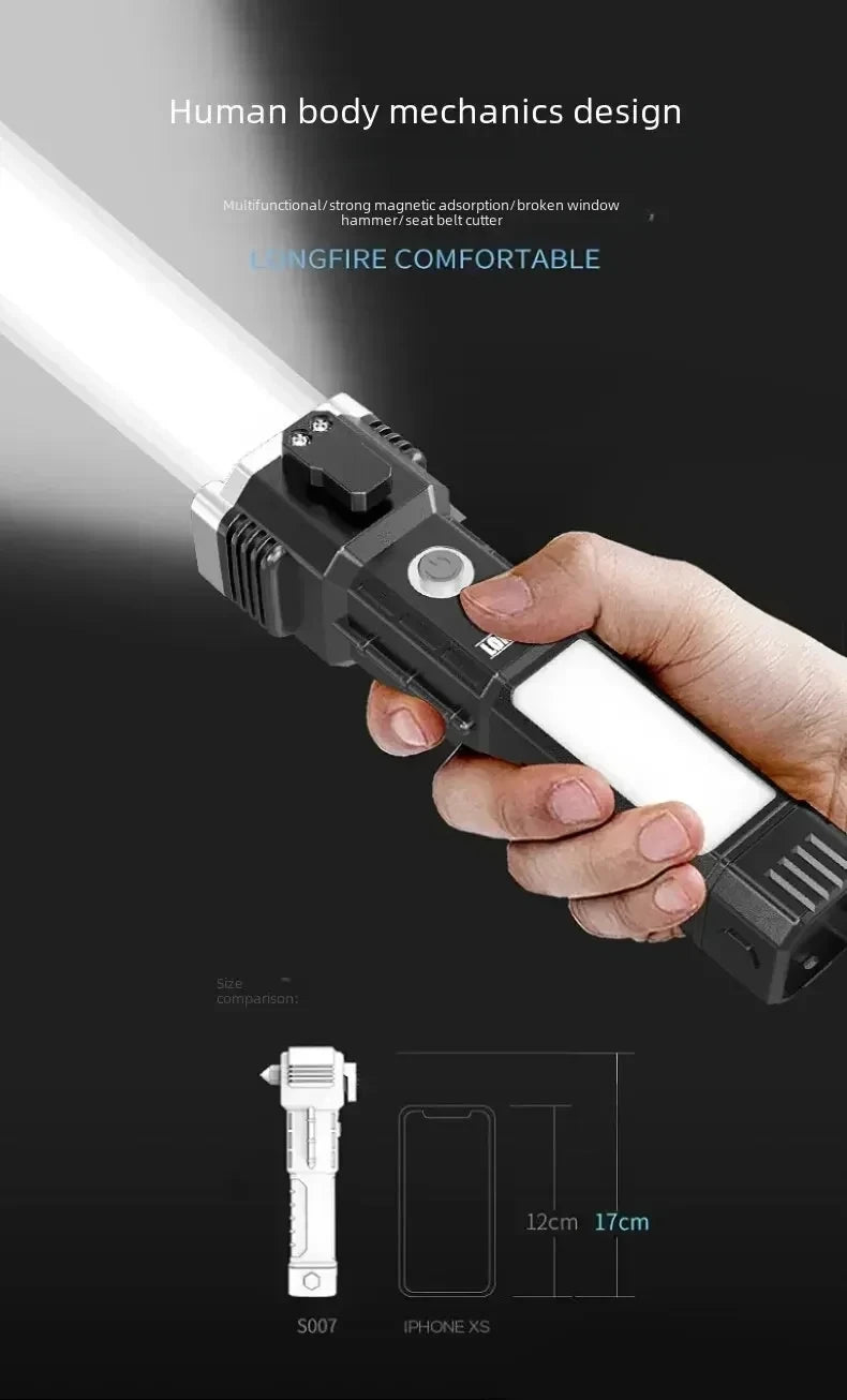 Super Bright LED Flashlight with Safety Hammer and Strong Magnets Side Light Torch Light Portable Lantern for Adventure Camping