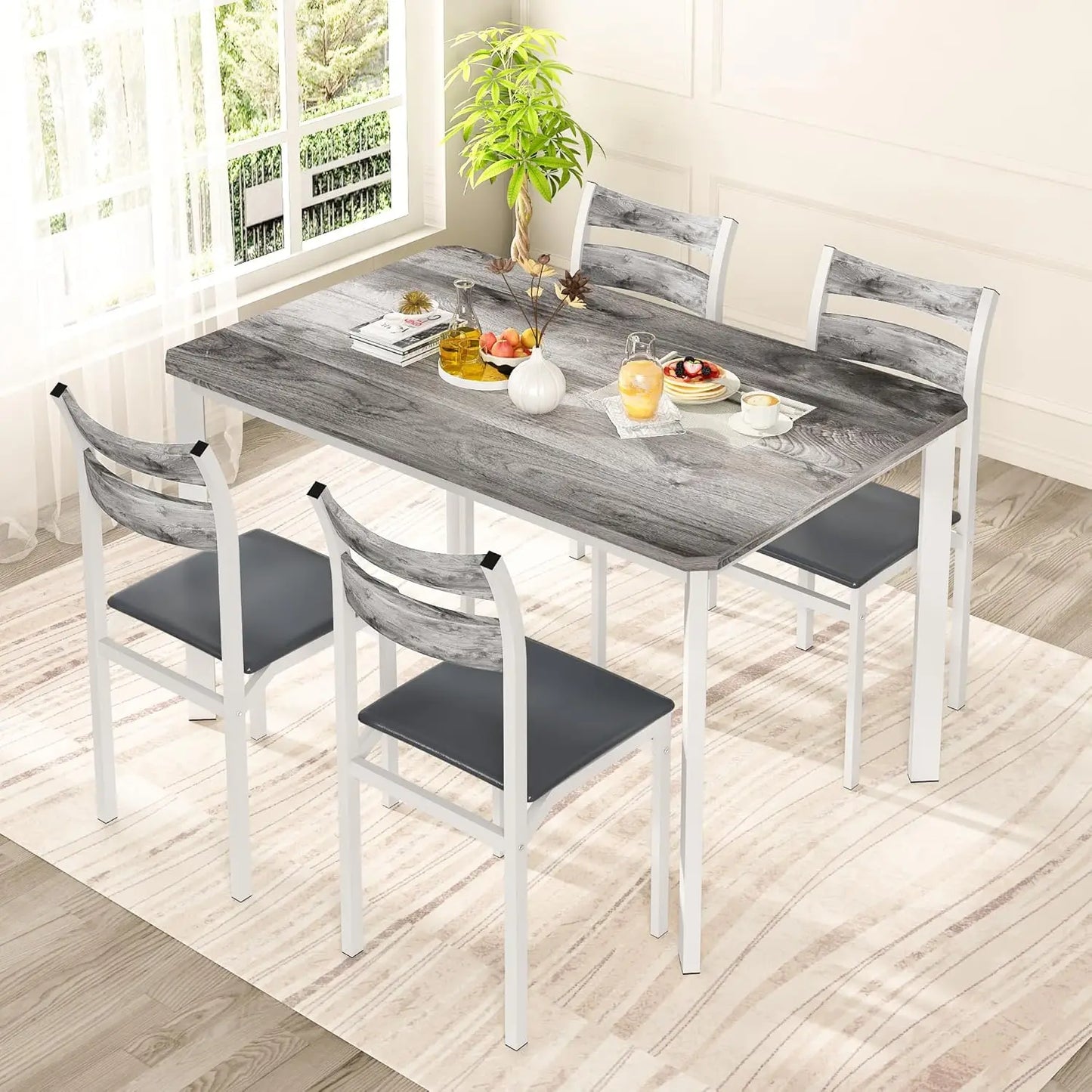 Dining Table Set for 4, 43.3" Dining Room Table with 4 Upholstered PU Leather Chairs, Modern Wood Kitchen Table and Chairs Set,