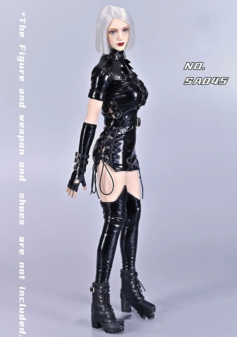 Sa045 1/6 Women Soldier Skirt Motorcycle Suit Goth Leather Vintage Women Skirt Black Lace-Up Dress For 12" Action Figure Body