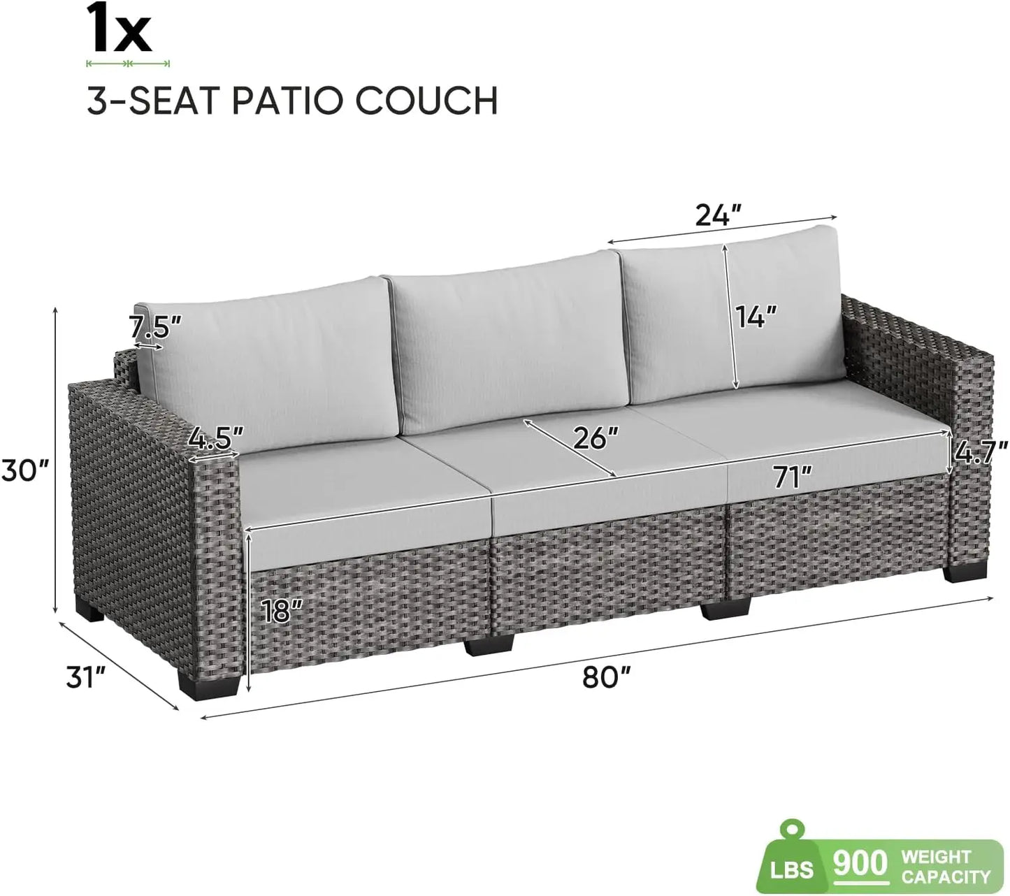 3-Seat Outdoor Sofa,Patio Couch Sofa,Patio Furniture Set for Garden,Poolside,Backyard,Porch, Deck, 4.72'' Thick Cushions, Grey