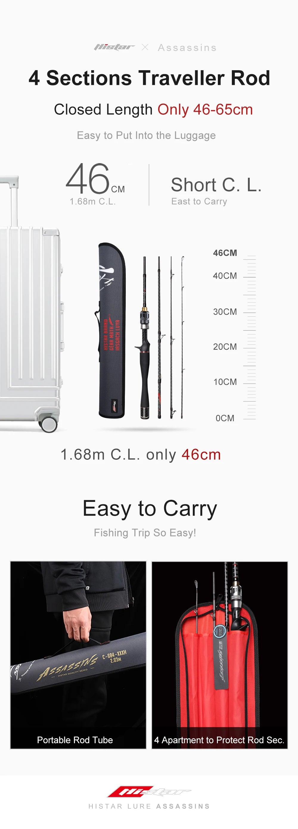 Histar Assassins 4 Sections Portable DKK-SIC Guide Fuji Seat Fast Action 1.68m-2.44m High Carbon Sping&Caster Travel Fishing Rod