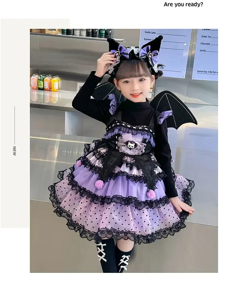 Sanrio Kuromi Spring and Autumn Girl Cute Cartoon Dress Lolita Birthday Party Role Play Tutu Dress Child Dress Gift Christmas