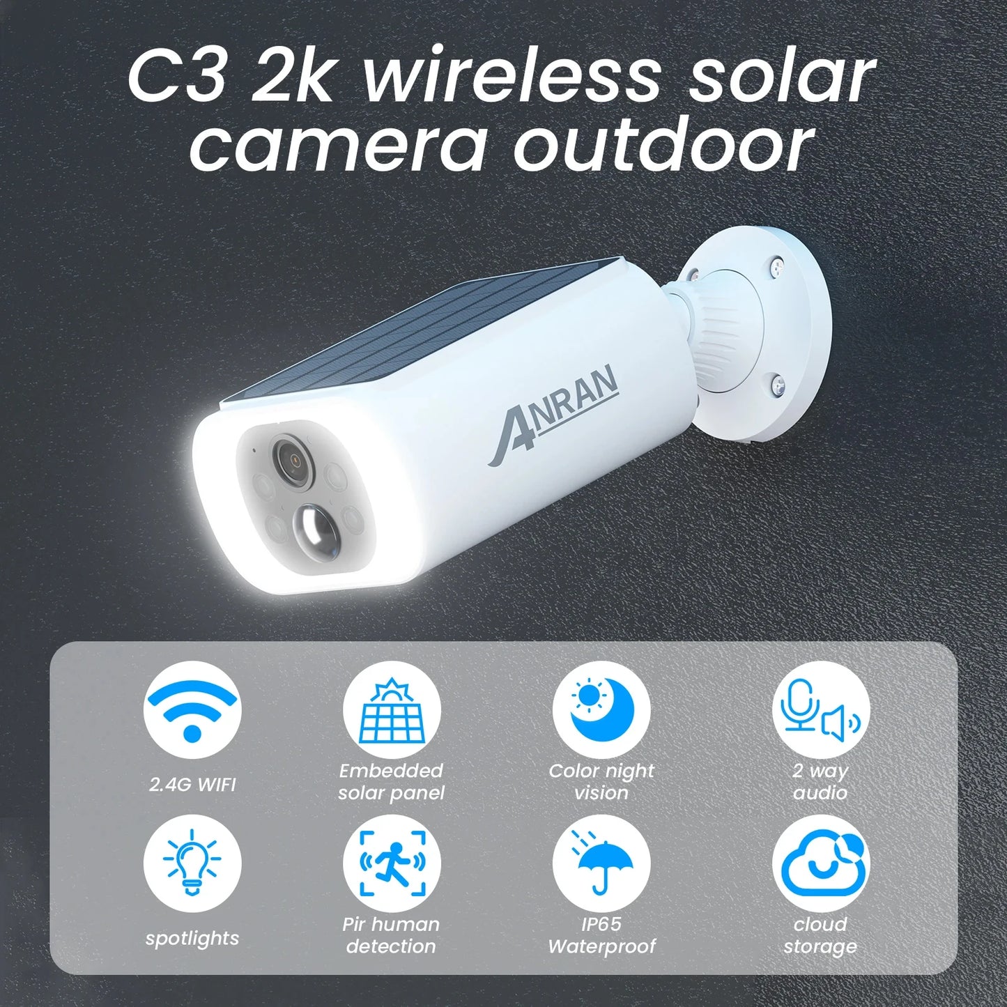 ANRAN 2K Solar Security Camera C3 Outdoor Wireless Solar WIFI Camera Battery Camera Floodlight Color Night Vision Can't Add NVR