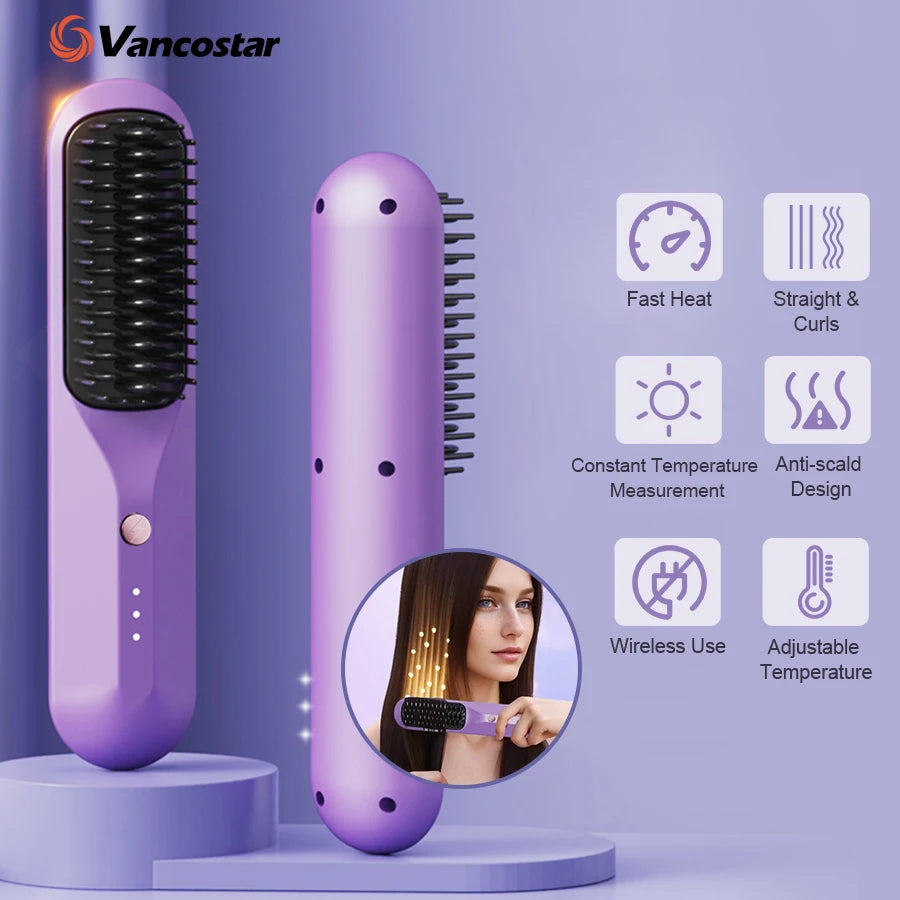 Cordless Electric Hair Brushes Straightener Brush  Heat Comb for Women Travel Portable Dryer and Straightening Brush Styler