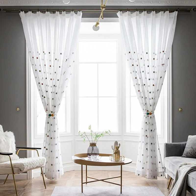 Colorful Circle Embroidery Sheer Curtains For Living Room Drapes White Window Screen Cotton Linen Bedroom Tulle Curtain  ZH035-5