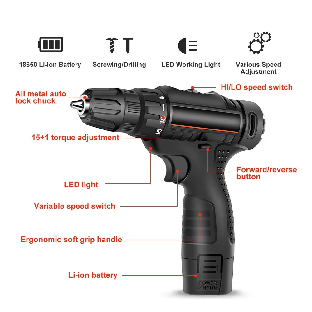 12V 16.8V Electric Cordless Screwdriver Rechargable Driver Drill Wireless Impact Drill Hand Drill Home Improvement Power Tool