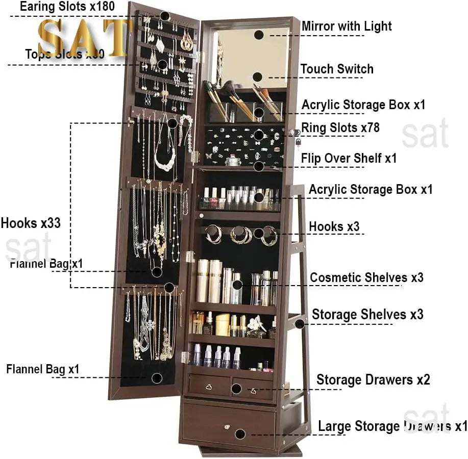 360 Swivel Full Length Mirror Jewelry Cabinet Standing With Built - 63.7 H Armoire With Mirror & 3 Drawers, Lockable Storage