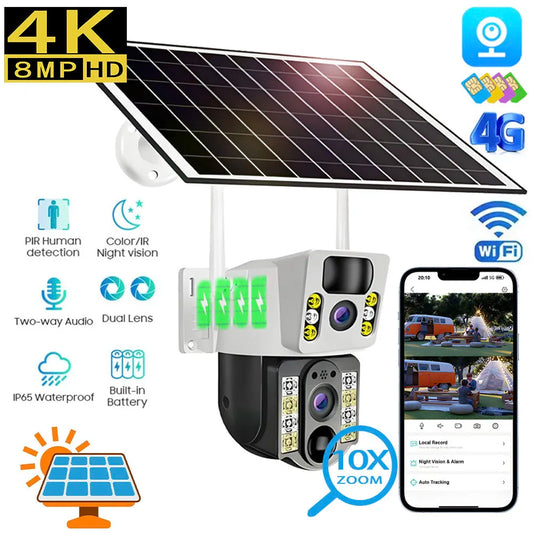 Solar Camera Wifi Surveillance 4G SIM Card Outdoor 4K 8MP HD 360 Wireless Low Power Battery Cctv Security Protection Ip Cameras