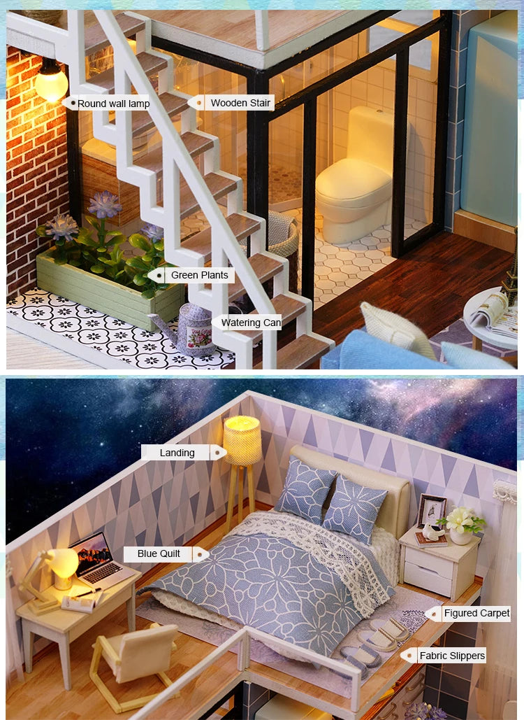 Assemble DIY Wooden House Dollhouse kit Wooden Miniature Doll Houses Miniature Dollhouse toys With Furniture LED Lights Gift