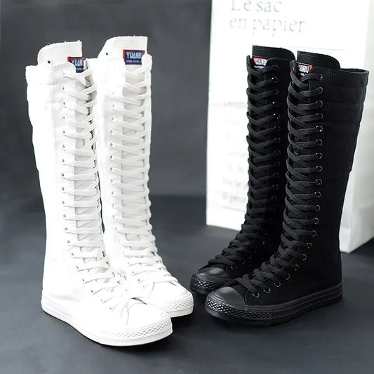 Women Shoe Canvas Spring Autumn  Casual High Top Shoes Long Boot Lace-Up Zipper Comfortable Flat Boot Sneakers Tenis Feminino