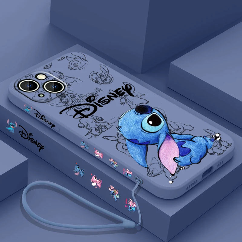 Disney Super Cute Stitch Phone Case For Apple iPhone 15 14 13 12 11 Pro Max Plus 8 7 SE Liquid Left Rope Soft Cover