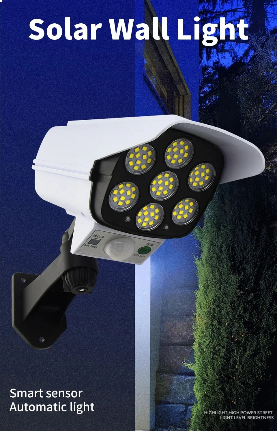 Outdoor Motion Sensor Solar Lights 77 LED FloodLight Waterproof Wireless Dummy Decoy Fake Security Camera for Porch Garden Patio