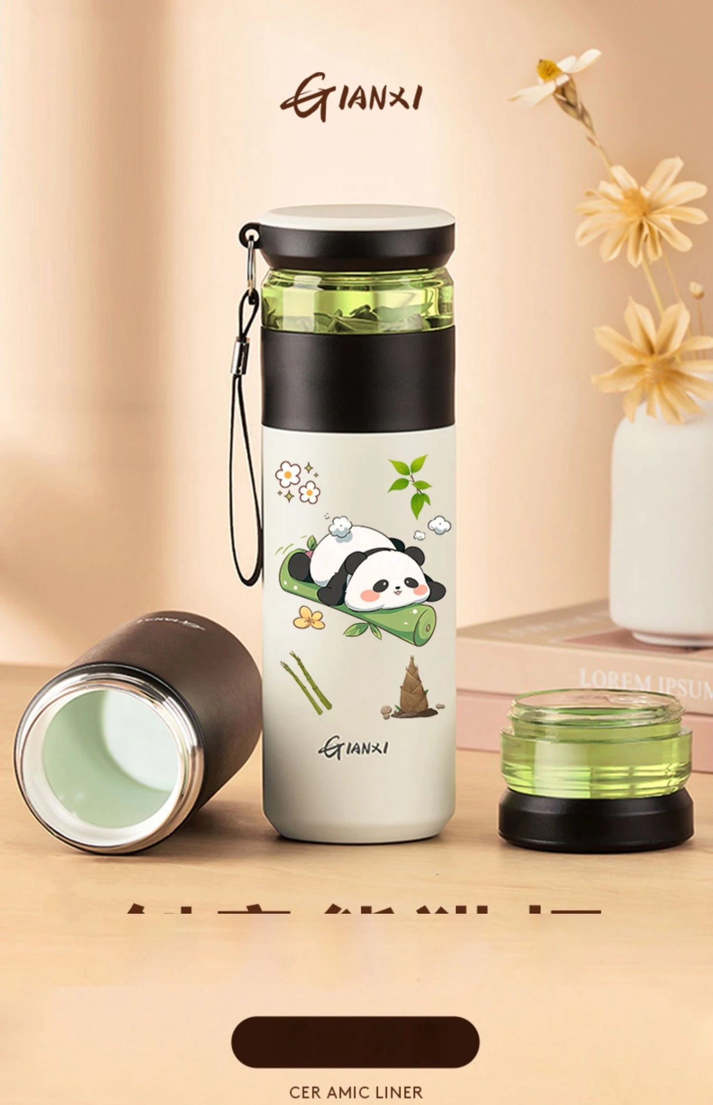 GIANXI 480ML Stainless steel Thermo Bottle Home And Kitchen Water Bottle Drinkware Portable Panda Pattern Coffee Cup With Filter