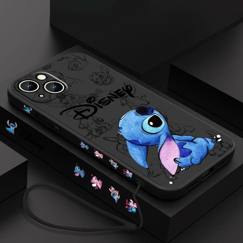 Disney Super Cute Stitch Phone Case For Apple iPhone 15 14 13 12 11 Pro Max Plus 8 7 SE Liquid Left Rope Soft Cover